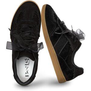 Casual Black Sneakers Women with Lace Detail Ribbon Leather Upper Memory Foam